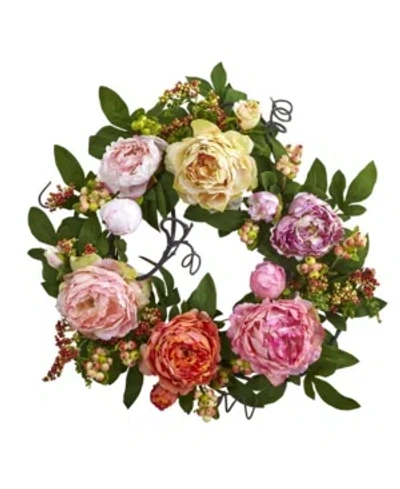 Nearly Natural 20" Mixed Peony And Berry Wreath In Assorted