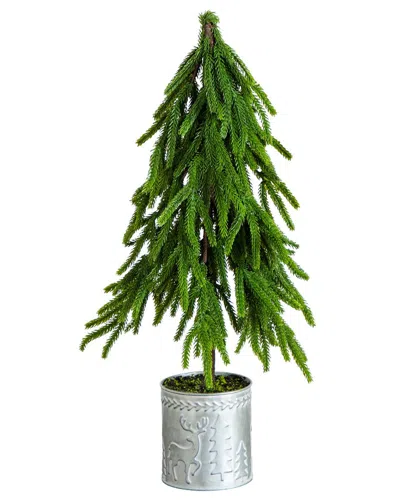 Nearly Natural 20in. Artificial Real Touch Down Swept Norfolk Island Pine In  Christmas Tin Metal Pl In Green