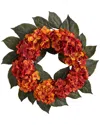 Nearly Natural 20in. Autumn Hydrangea Artificial Wreath In Orange
