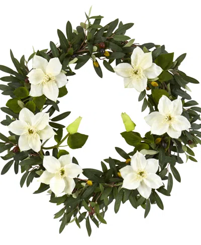 Nearly Natural 20in. Olive And Anemone Artificial Wreath In Green,cream
