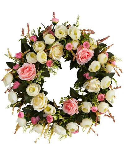 NEARLY NATURAL 20IN WHITE & PINK ROSE ARTIFICIAL WREATH