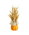 Nearly Natural 21" Autumn Dried Wheat And Pumpkin Artificial Fall Arrangement In Decorative Pumpkin Vase In Orange
