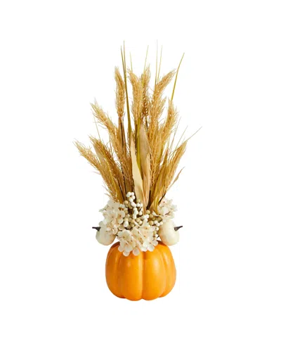 Nearly Natural 21" Autumn Dried Wheat And Pumpkin Artificial Fall Arrangement In Decorative Pumpkin Vase In Orange