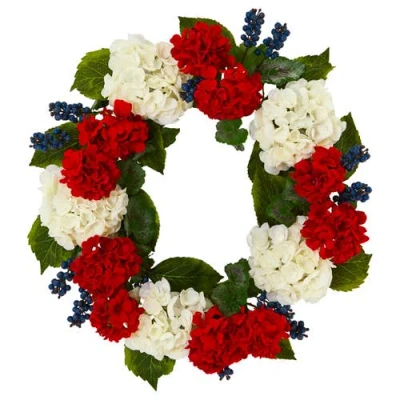 Nearly Natural 21-in Geranium And Blueberry Artificial Wreath In Multi