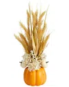 Nearly Natural 21" Autumn Dried Wheat And Pumpkin Artificial Fall Arrangement In Decorative Pumpkin Vase In Yellow