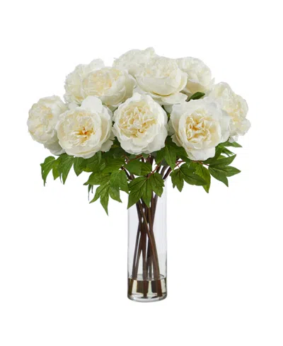 Nearly Natural 22in Artificial Peony Arrangement With Cylinder Glass Vase In White