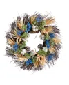 Nearly Natural 22" Autumn Cotton, Eucalyptus, Berries And Pinecones Artificial Fall Wreath In Blue