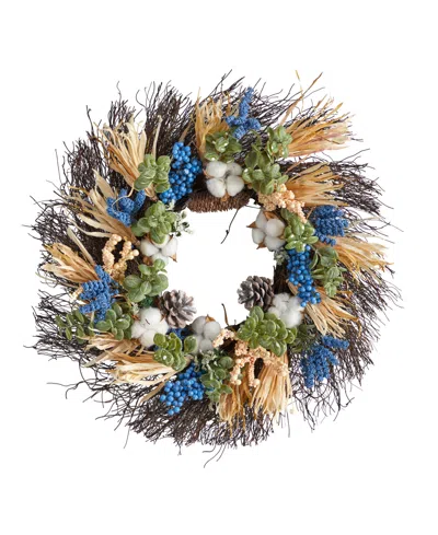 Nearly Natural 22" Autumn Cotton, Eucalyptus, Berries And Pinecones Artificial Fall Wreath In Blue