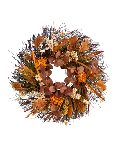 Nearly Natural 22" Autumn Dahlia And Berries Artificial Fall Wreath In Orange