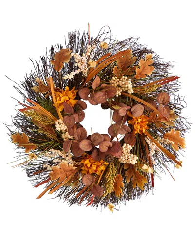 Nearly Natural 22in. Autumn Dahlia & Berries Artificial Fall Wreath In Brown