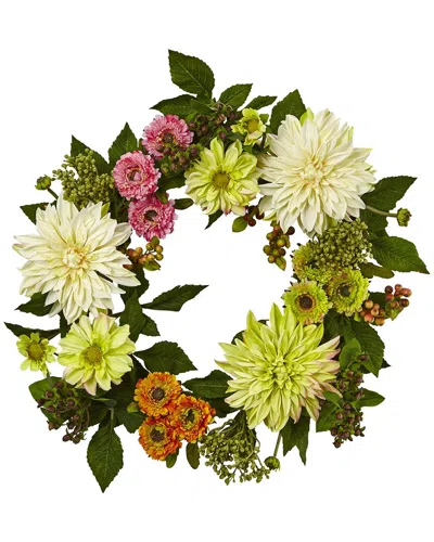 Nearly Natural 22in Dahlia Mum Wreath In Cream