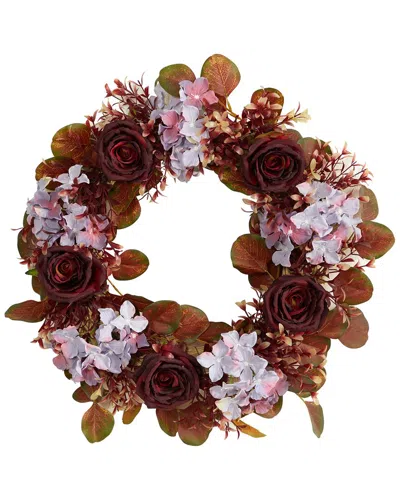 Nearly Natural Fall Hydrangea And Rose Autumn Artificial Wreath, 22" In Purple