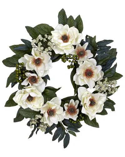 Nearly Natural 22in Magnolia Wreath In White