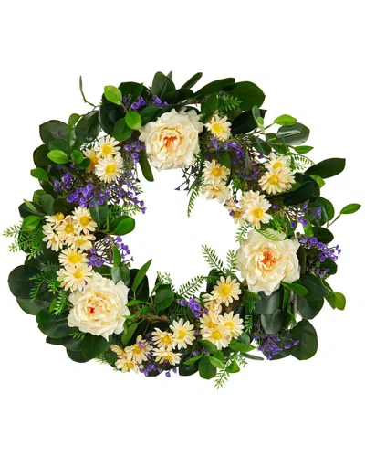 Nearly Natural Mixed Rose And Daisy Artificial Wreath, 22" In White