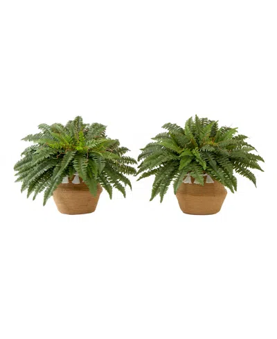 Nearly Natural 23" Artificial Boston Fern Plant With Handmade Jute Cotton Basket With Tassels Diy Kit Set Of 2 In Green