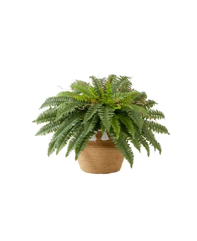 Nearly Natural 23"artificial Boston Fern Plant In Handmade Jute Cotton Basket With Tassels Diy Kit In Green