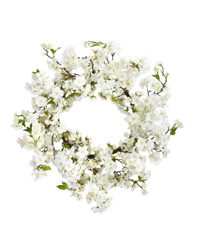 Nearly Natural 24in Cherry Blossom Wreath In White
