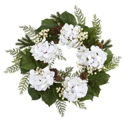 Nearly Natural 24" Gold Trimmed Hydrangea & Berry Wreath In White