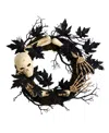 Nearly Natural 24" Halloween Skull And Bones Wreath In Black