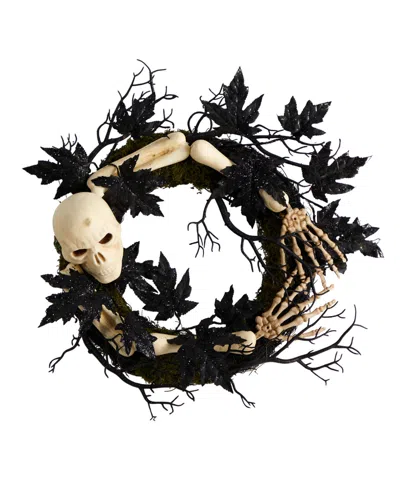 Nearly Natural 24" Halloween Skull And Bones Wreath In Black