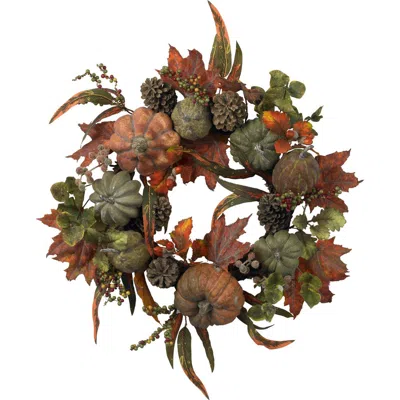 Nearly Natural 24in Orange Faux Pumpkin Wreath In Green