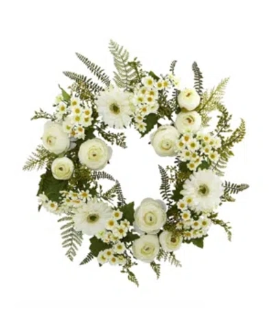 Nearly Natural 24" Mixed Daisies And Ranunculus Wreath In White