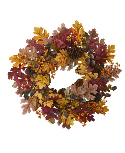Nearly Natural 24" Oak Leaf, Acorn And Pine Wreath In Multicolor
