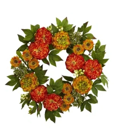 Nearly Natural 24'' Peony & Mum Wreath In Orange