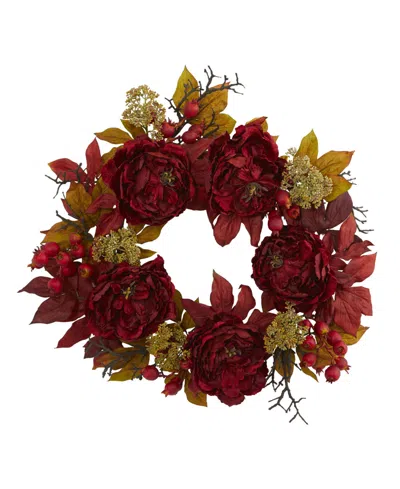 Nearly Natural 24in Peony Sedum Wreath In Red