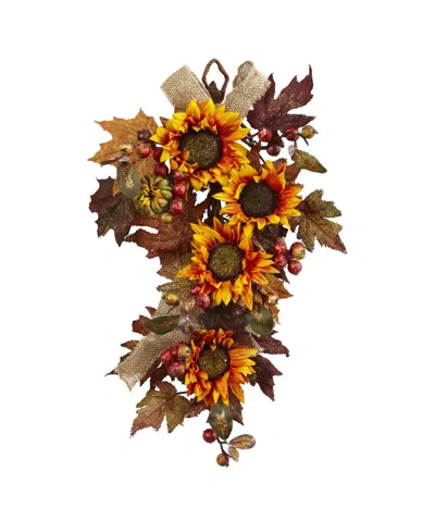 Nearly Natural 24" Sunflower And Berry Teardrop In Yellow