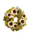 Nearly Natural 24" White Sunflower And Hydrangea Artificial Autumn Wreath In Green