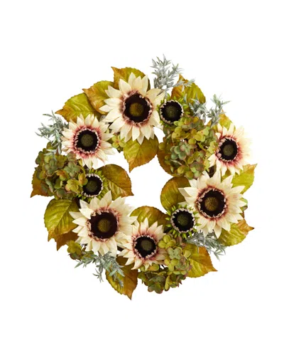 Nearly Natural 24" White Sunflower And Hydrangea Artificial Autumn Wreath In Green