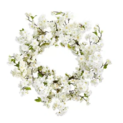 Nearly Natural 24-in Cherry Blossom Wreath In White