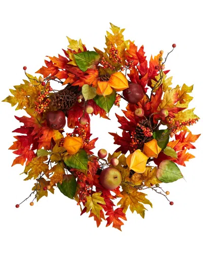 Nearly Natural 24in. Autumn Maple Leaf & Berries Fall Artificial Wreath In Orange
