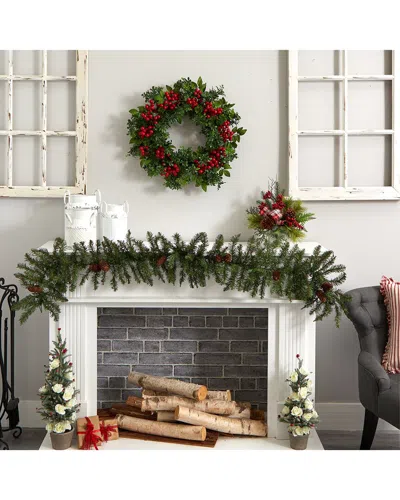 Nearly Natural 24in. Berry Boxwood Wreath In Red