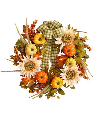 Nearly Natural 24in. Fall Pumpkin, Sunflower Artificial Autumn Wreath In Multi