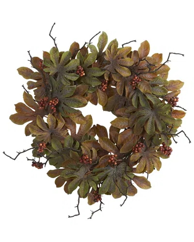 Nearly Natural 24in Fatsia With Berries Autumn Artificial Wreath In Green
