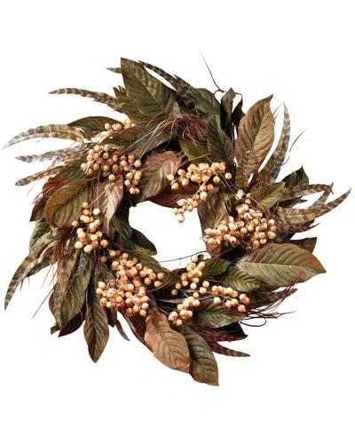 Nearly Natural 24in Feather & Berry Wreath In Green
