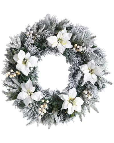 NEARLY NATURAL NEARLY NATURAL 24IN. FLOCKED POINSETTIA AND PINE ARTIFICIAL CHRISTMAS WREATH WITH 50 WARM WHITE LED 