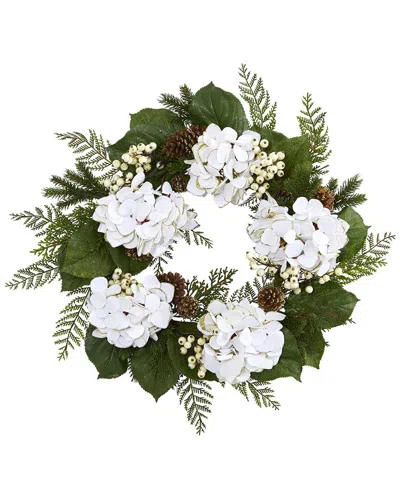 Nearly Natural 24in Gold Trimmed Hydrangea & Berry Wreath In White