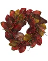 Nearly Natural 24in Harvest Magnolia Leaf & Berries Artificial Wreath In Burgundy