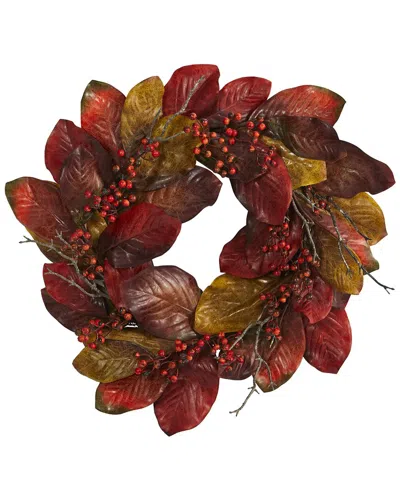 Nearly Natural 24in Harvest Magnolia Leaf & Berries Artificial Wreath In Burgundy