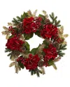 Nearly Natural 24in. Hydrangea Pine Wreath In Red