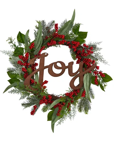 Nearly Natural 24in Joy And Berries Artificial Christmas Wreath In Green