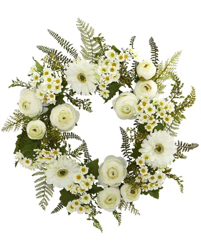 Nearly Natural 24in Mixed Daisies & Ranunculus Wreath In White