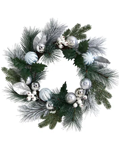 Nearly Natural 24in Pinecones And Berries Christmas Artificial Wreath With Silver Ornaments In Green