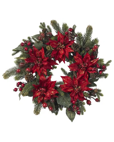 Nearly Natural 24in. Poinsettia & Berry Wreath In Green