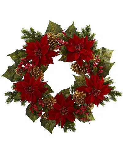 NEARLY NATURAL NEARLY NATURAL 24IN. POINSETTIA, BERRY AND GOLDEN PINECONE ARTIFICIAL WREATH