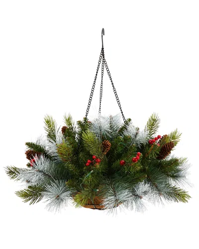 Nearly Natural 24in. Pre-lit Artificial Pine & Berry Christmas Hanging Basket In Green