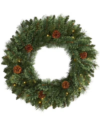 Nearly Natural 24in White Mountain Pine Artificial Wreath With Led Lights In Green